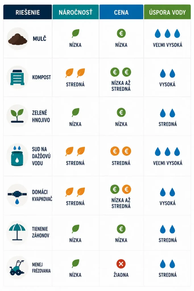 Infografika zobrazuje spôsoby zadržiavania vody v pôde.