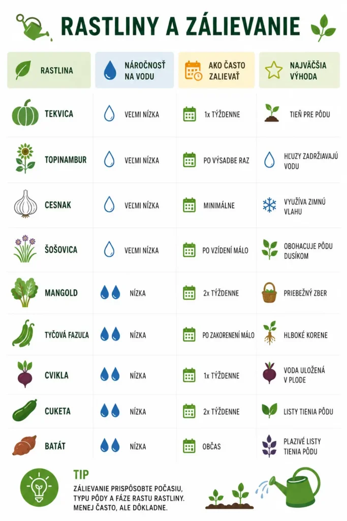 Infografika s návodom na zalievanie suchomilných úžitkových rastlín.