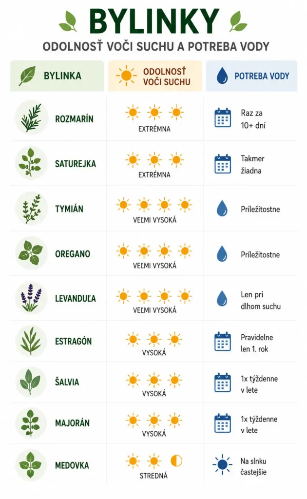Infografika s odolnosťou byliniek voči suchu a ich nárokmi na vodu.