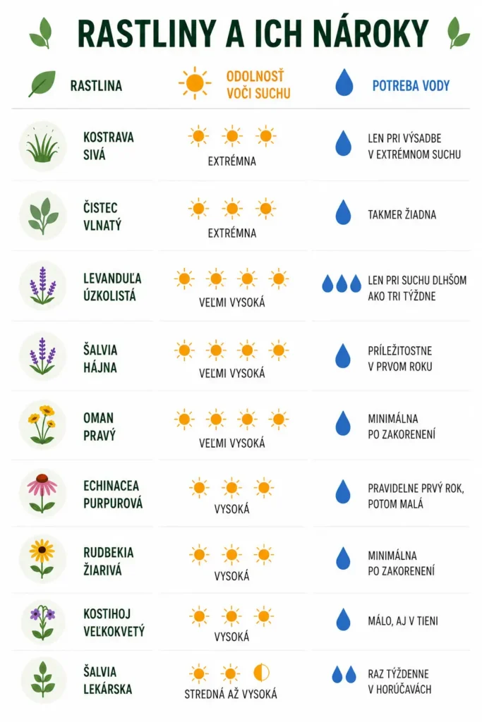 Infografika s odolnosťou okrasných rastlín voči suchu a ich nárokmi na vodu.