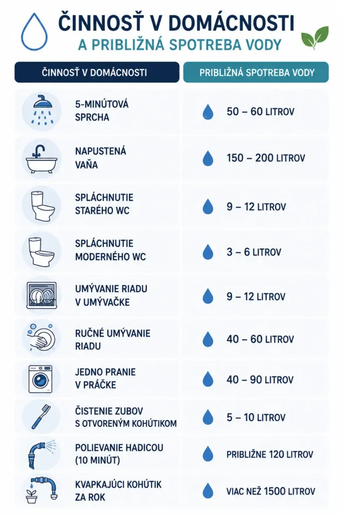 Infografika so spotrebou vody v domácnosti.