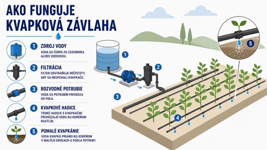 Schéma fungovania kvapkovej závlahy