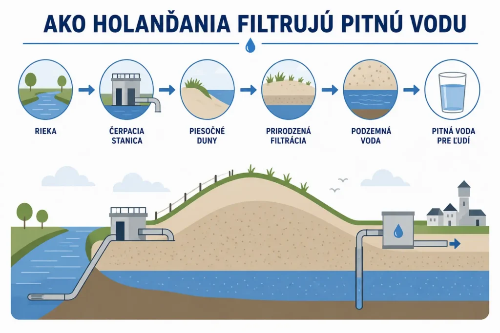 Schéma premeny riečnej vody filtrovaním cez piesočné duny na pitnú vodu