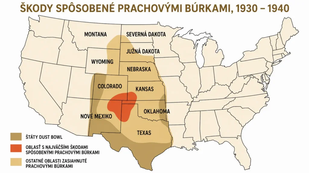 Mapa oblasti Dust Bowl v USA počas ekologickej katastrofy v 30. rokoch 20. storočia