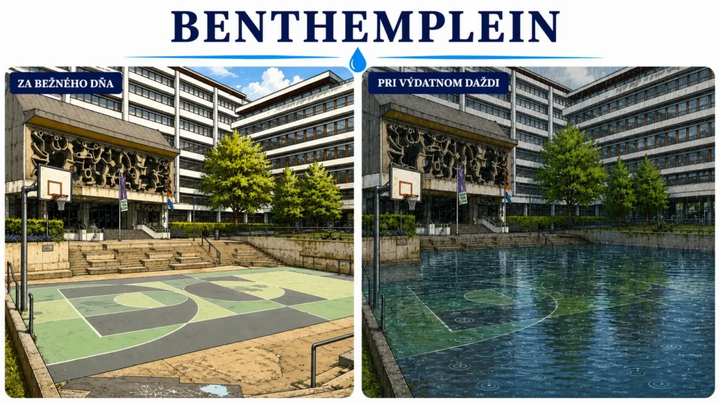 Porovnanie basketbalového ihriska na námestí Benthemplein za sucha a po daždi