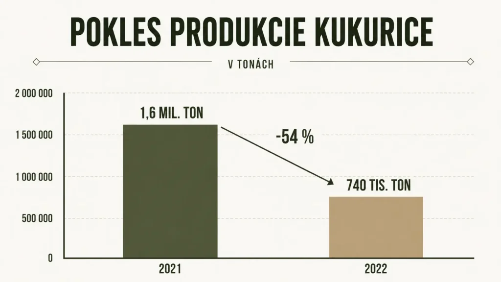 Graf znázorňuje pokles produkcie kukurice medzi rokmi 2021 a 2022