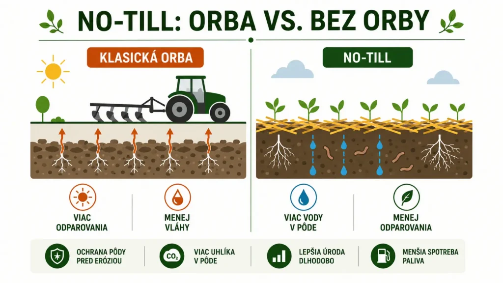 Obrázok porovnáva no-till prístup a klasickú orbu