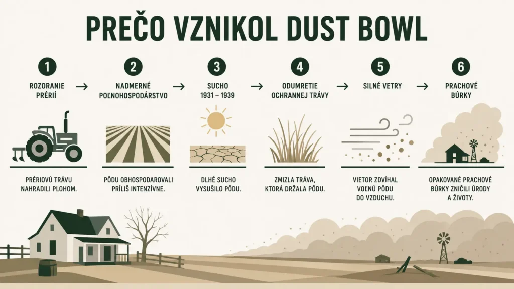 Vyobrazenie hlavných príčin katastrofy menom Dust Bowl