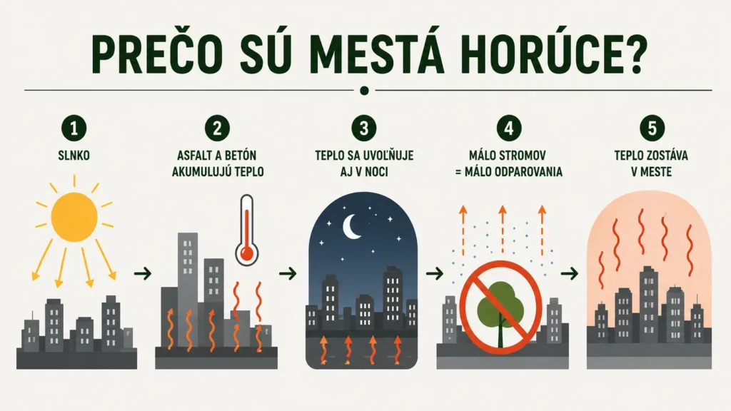 Schéma zobrazuje príčiny toho, prečo sú horúčavy v mestách.