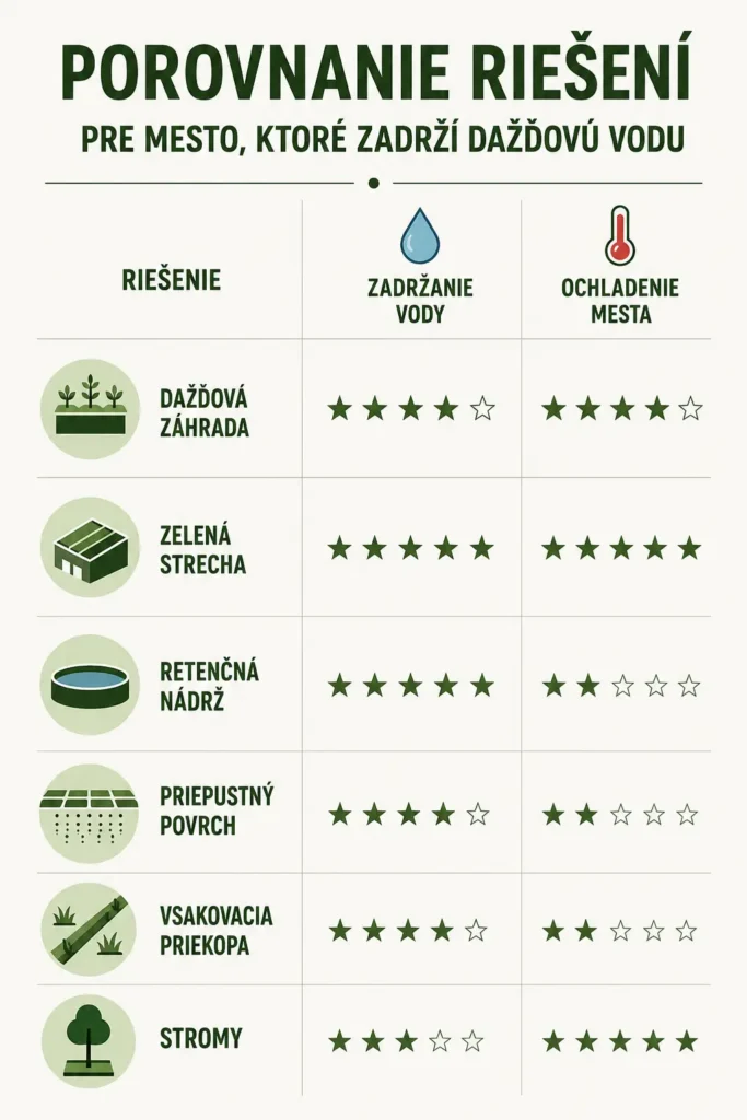 Schéma porovnáva vlastnosti vodozádržných opatrení v meste