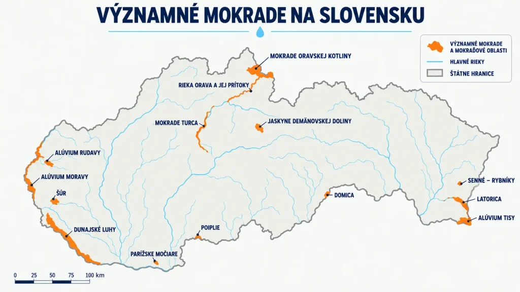 Mapa zobrazuje hlavné slovenské mokrade